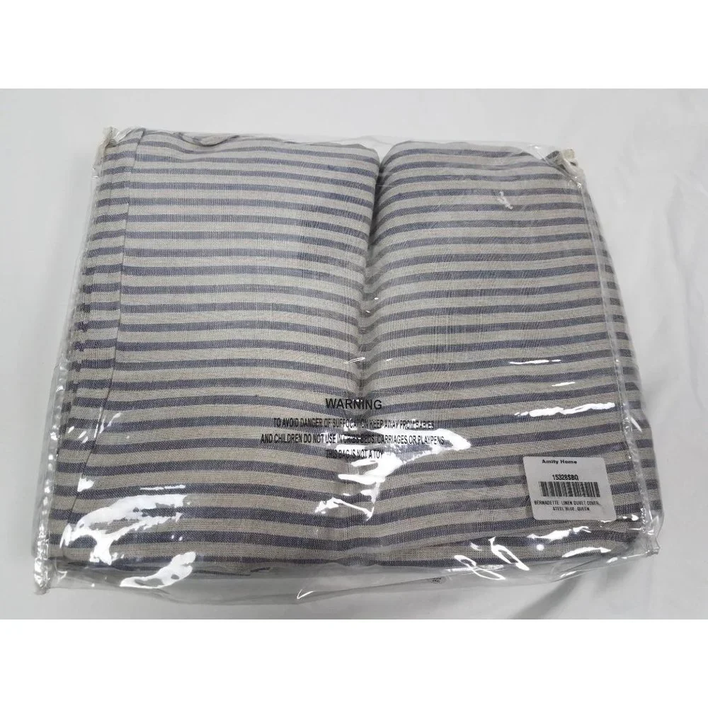 Amity Home Queen Bernadette Stripe Linen Duvet Cover In Steel Blue NWT